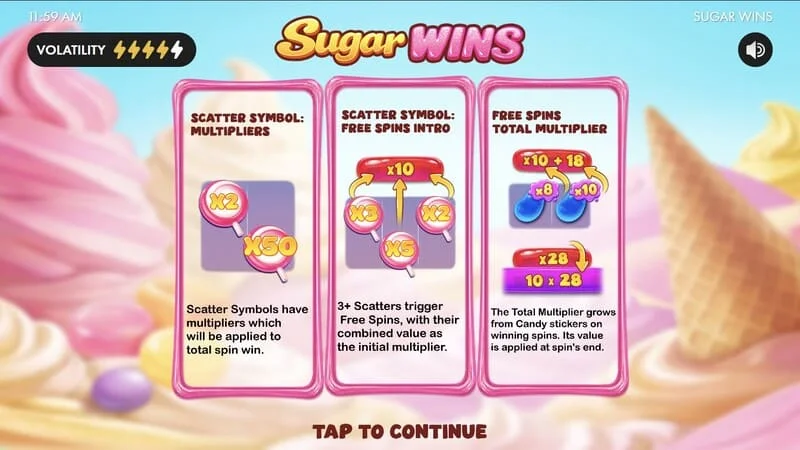Sugar Wins - главно меню на слота